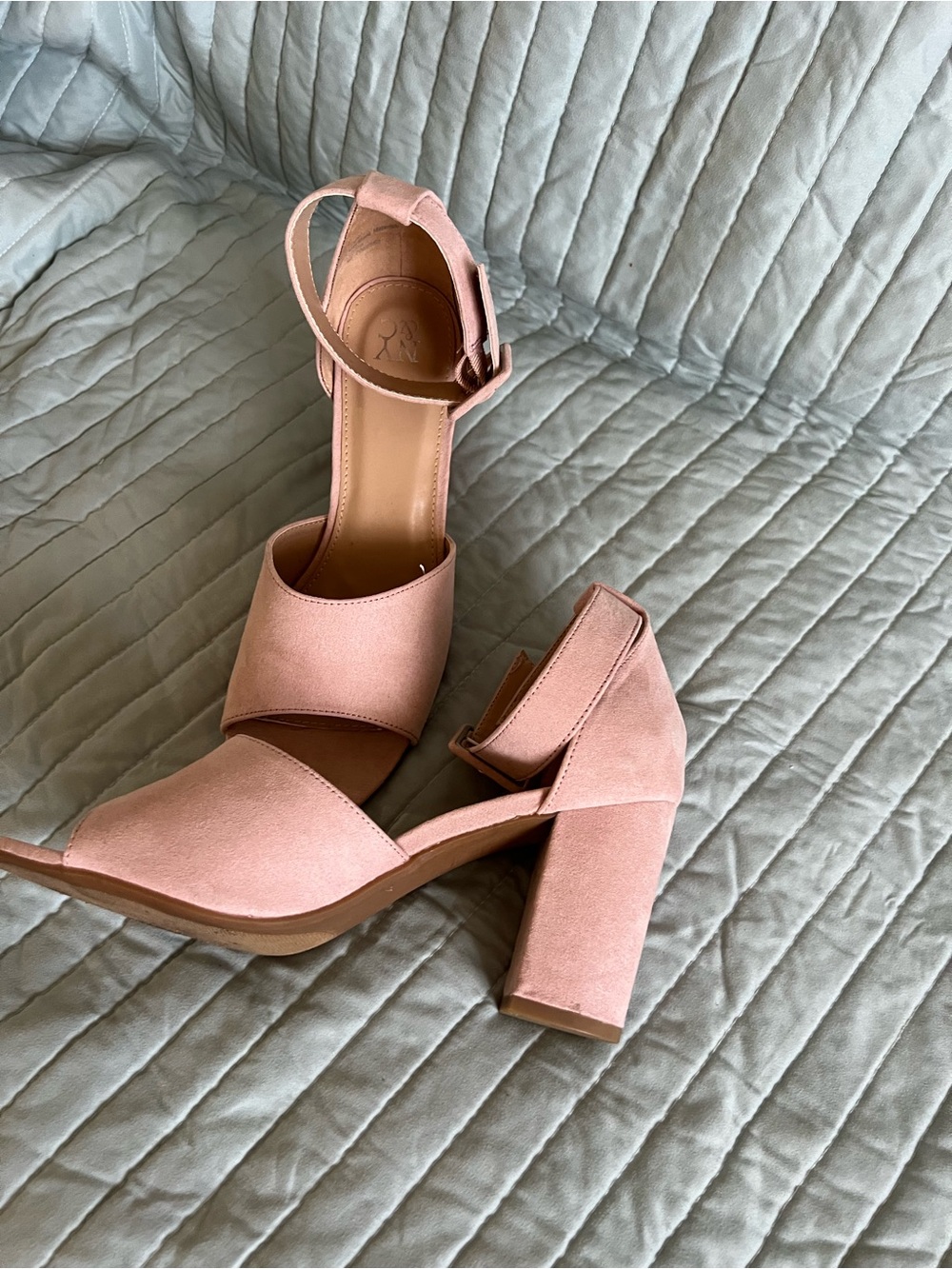 New York & Company Blush Pink Suede Block Heel Sandals with Ankle Strap